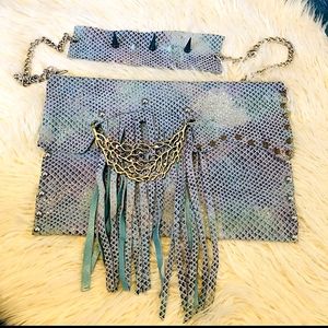 Super unique blue leather rainbow purse